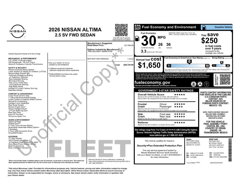 Glacier White 2026 Nissan Altima Sedan Front-Wheel Drive Continuously Variable Transmission