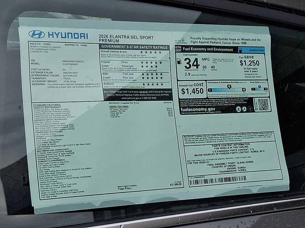 new 2026 Hyundai Elantra car, priced at $26,346