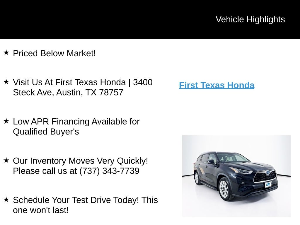 Used Car 2022 Toyota Highlander Hybrid  Limited For Sale Under $40,000 In Austin, Texas