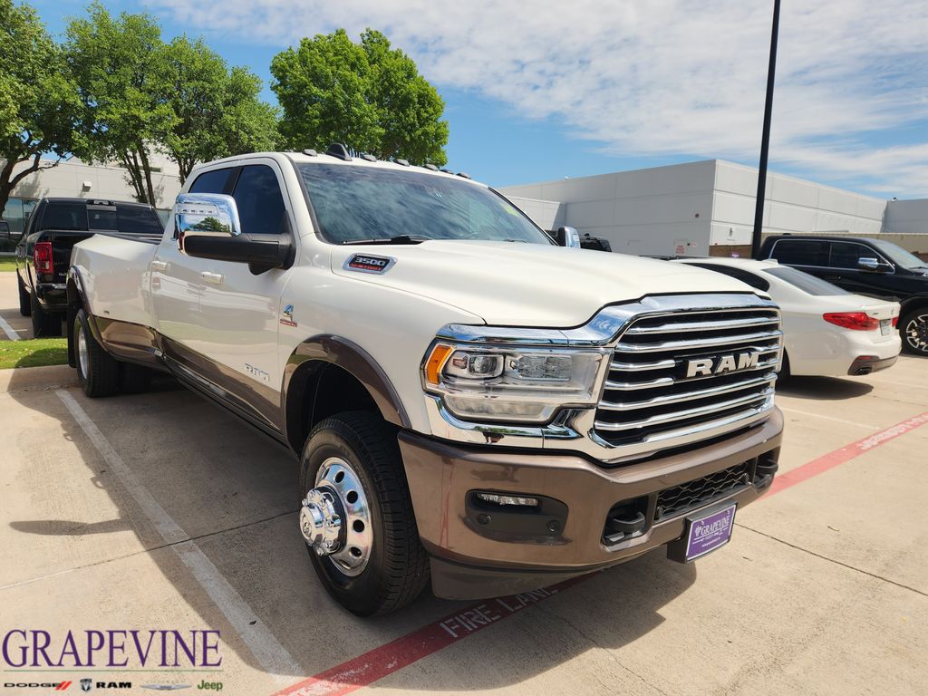 Pearl White 2023 RAM 3500 Limited Longhorn Crew Cab LB DRW 4WD Pickup Truck Four-Wheel Drive 6-Speed Automatic