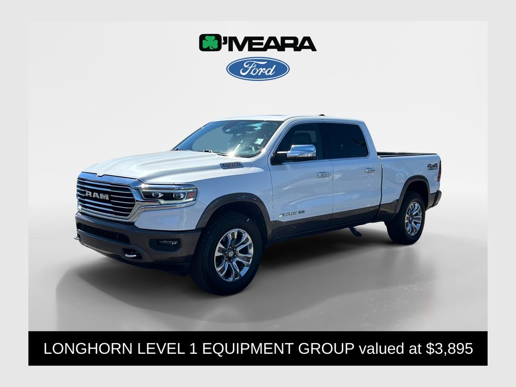 Ivory White Tri-Coat Pearlcoat 2020 RAM 1500 Laramie Longhorn Crew Cab 4WD Pickup Truck Four-Wheel Drive 8-Speed Automatic