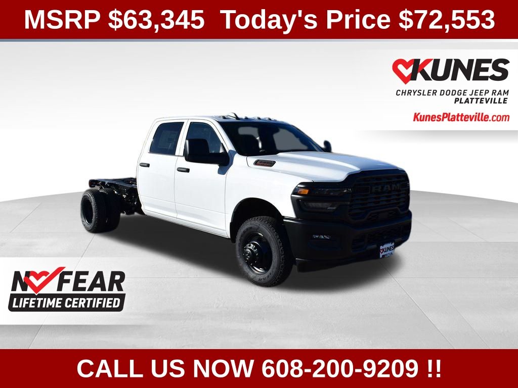 Bright White Clearcoat 2026 RAM 3500 Chassis Tradesman Crew Cab LB DRW 4WD Pickup Truck Four-Wheel Drive 8-Speed Automatic