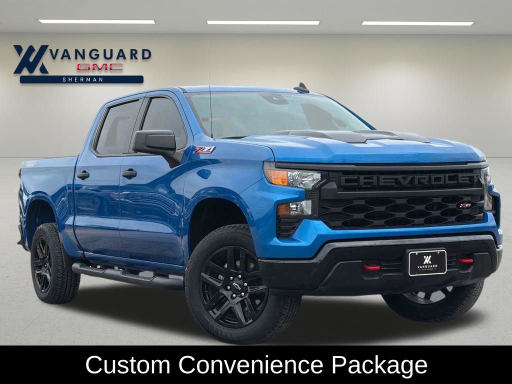 Glacier Blue Metallic 2023 Chevrolet Silverado 1500 Custom Trail Boss Crew Cab 4WD Pickup Truck Four-Wheel Drive Automatic