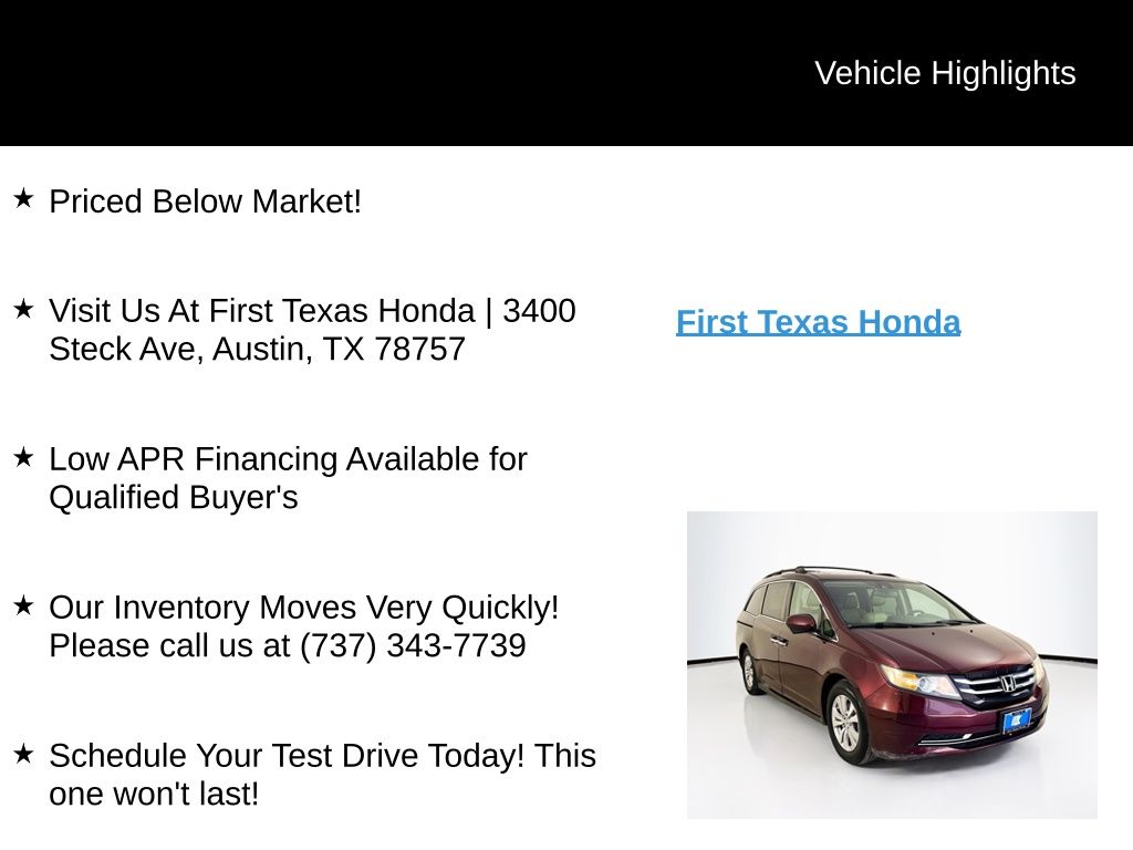 Used Car 2015 Honda Odyssey  Ex-l For Sale Under $15,000 In Austin, Texas