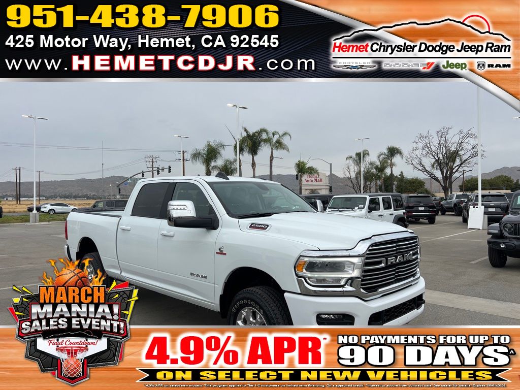 Pearl White 2024 RAM 2500 Laramie Crew Cab 4WD Pickup Truck Four-Wheel Drive 6-Speed Automatic
