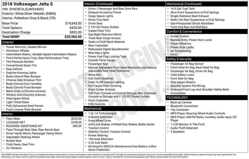 White Silver Metallic 2018 Volkswagen Jetta Sedan Front-Wheel Drive 6-Speed Automatic