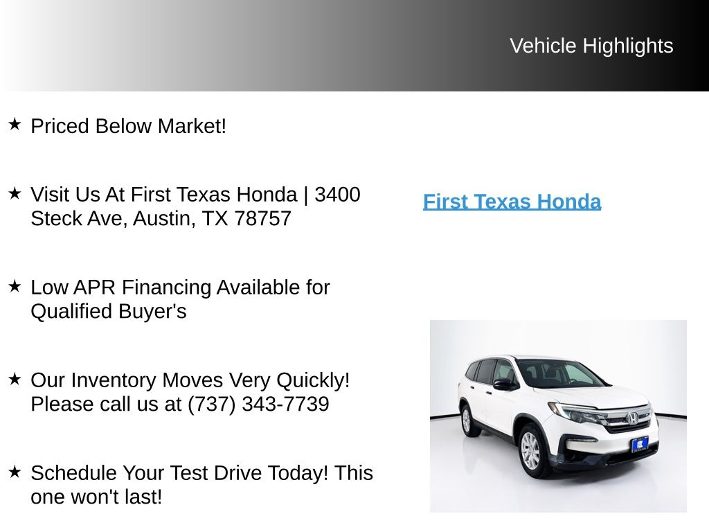 Used Car 2019 Honda Pilot  Lx For Sale Under $20,000 In Austin, Texas
