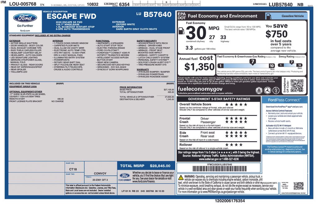 2020 Oxford White Ford Escape SE FWD SUV