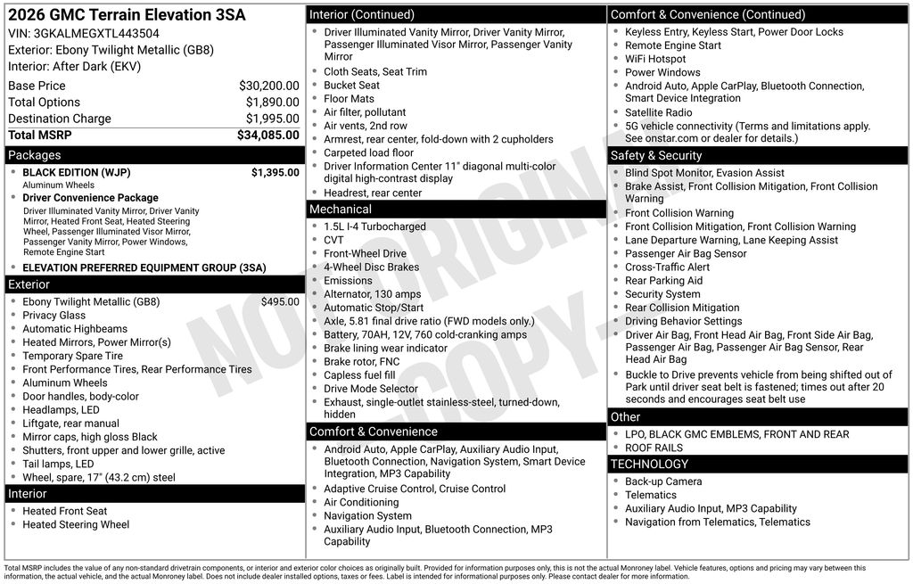 Black (Ebony Twilight Metallic) 2026 GMC Terrain Elevation FWD SUV / Crossover Front-Wheel Drive Continuously Variable Transmission