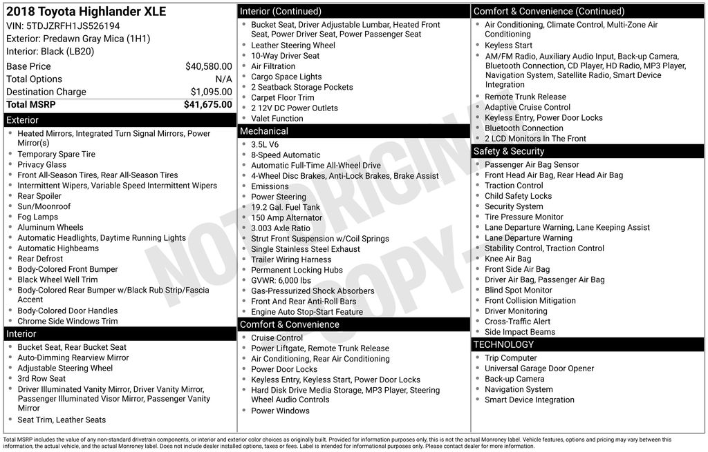 Used Car 2018 Toyota Highlander  For Sale Under $20,000 In Austin, Texas