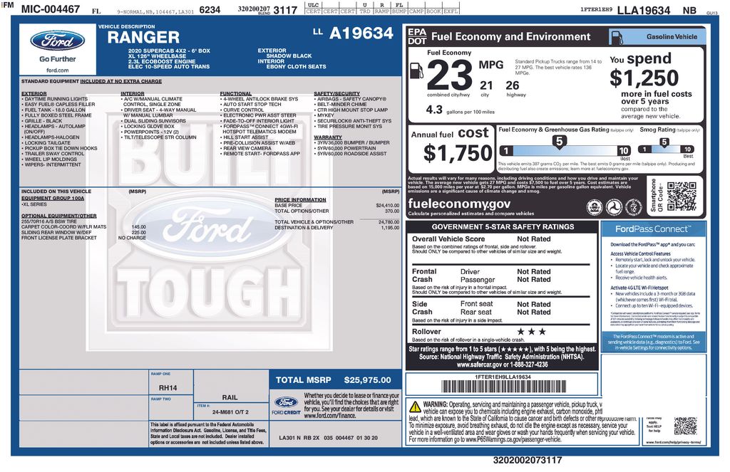 2020 Shadow Black Ford Ranger XL RWD Truck