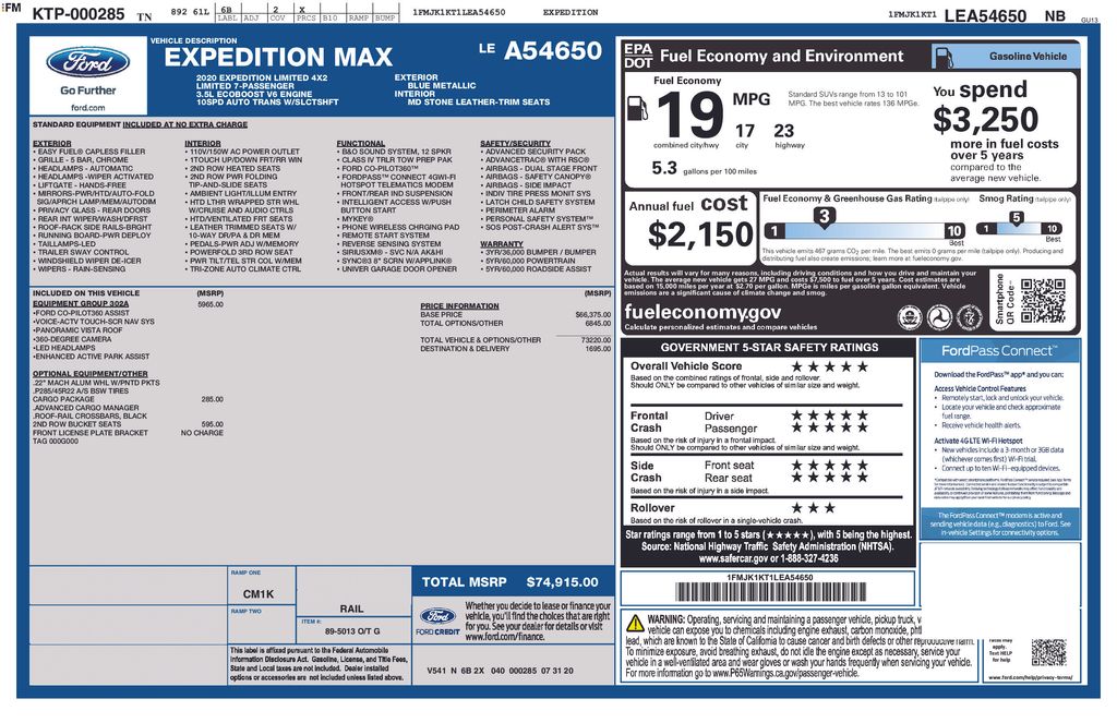 Blue Metallic 2020 Ford Expedition SUV / Crossover 4X2 Automatic