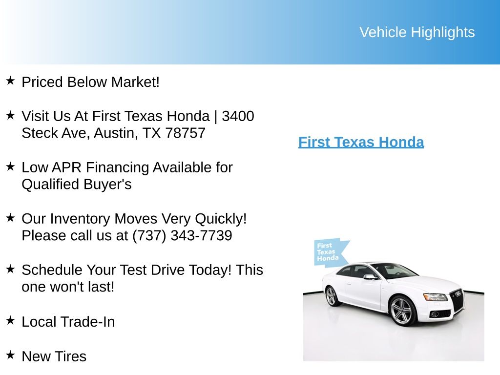 Used Car 2010 Audi S5  4.2 Premium Plus For Sale Under $15,000 In Austin, Texas