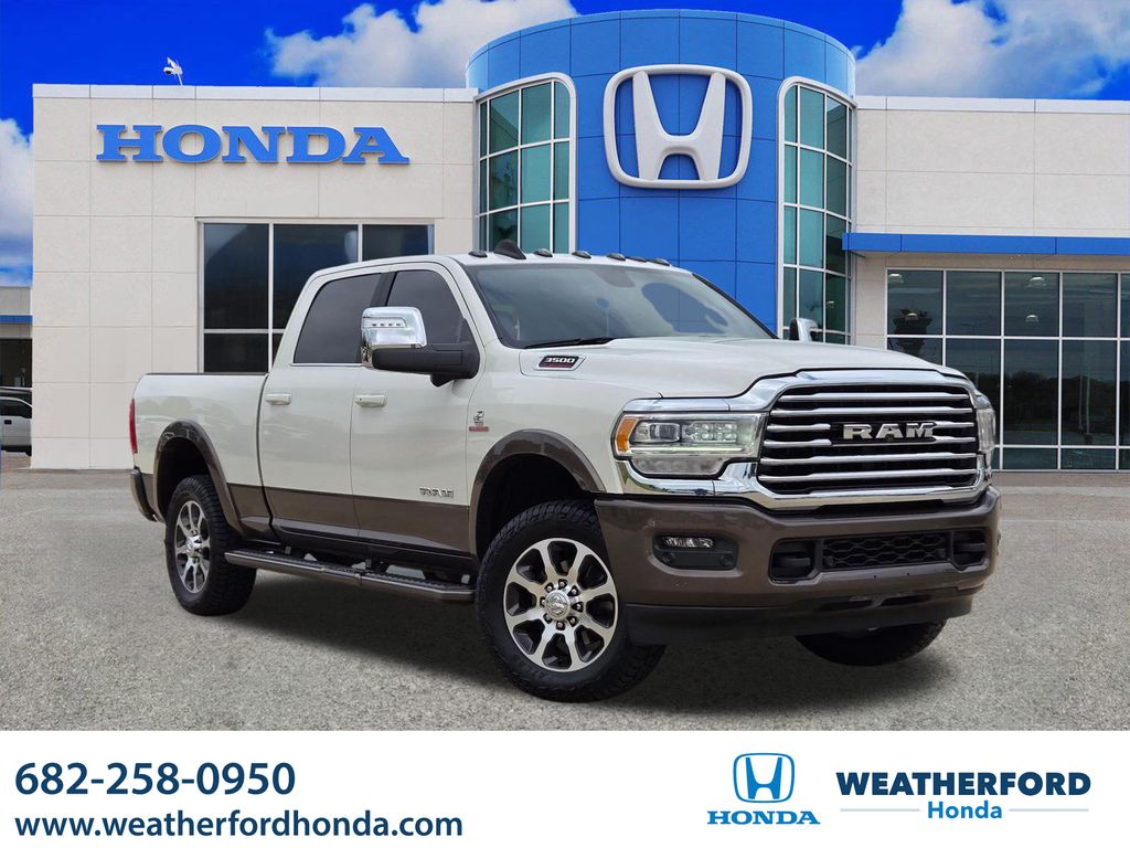 Pearl White 2023 RAM 3500 Limited Longhorn Crew Cab 4WD Pickup Truck Four-Wheel Drive 6-Speed Automatic