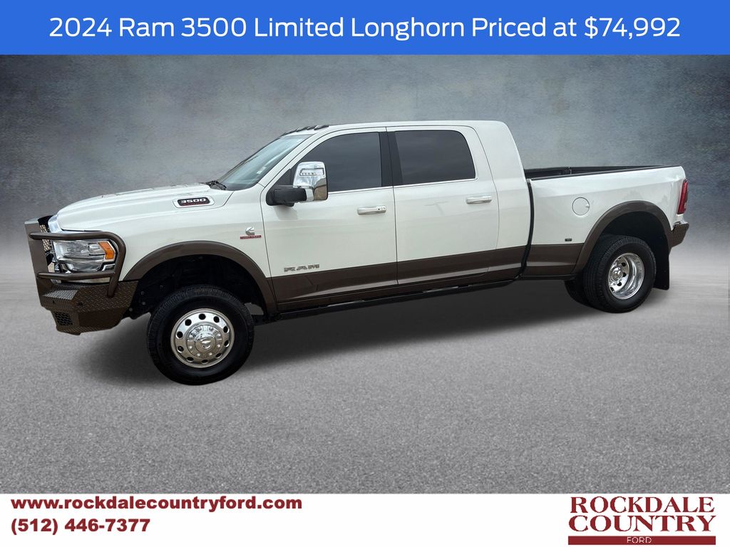 Pearl White 2024 RAM 3500 Limited Longhorn Mega Cab DRW 4WD Pickup Truck Four-Wheel Drive 6-Speed Automatic