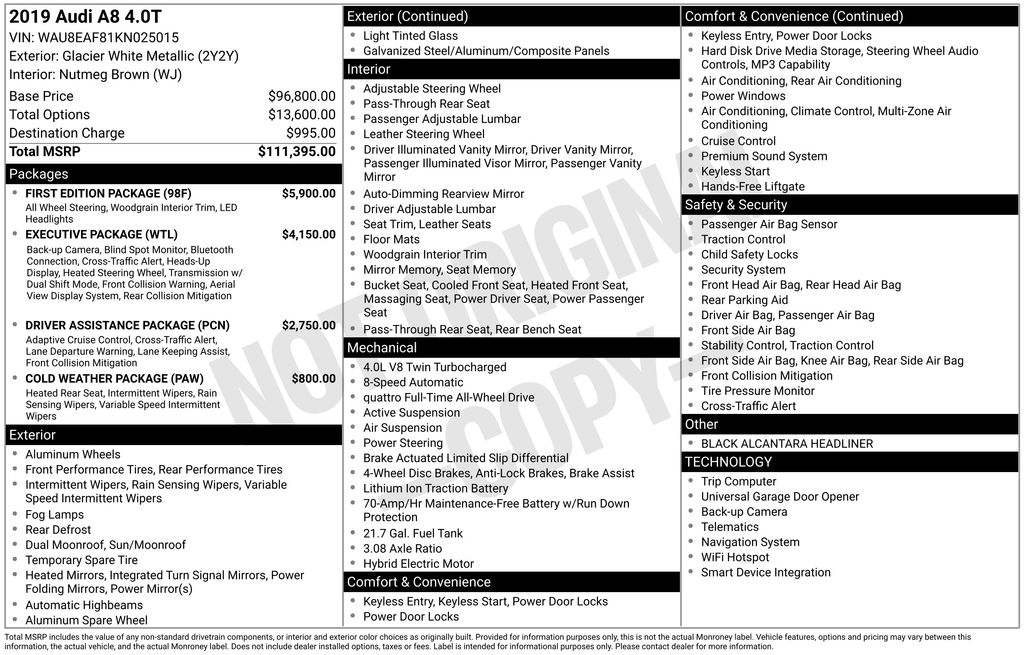 2019 Glacier White Metallic Audi A8 L 60 AWD Sedan