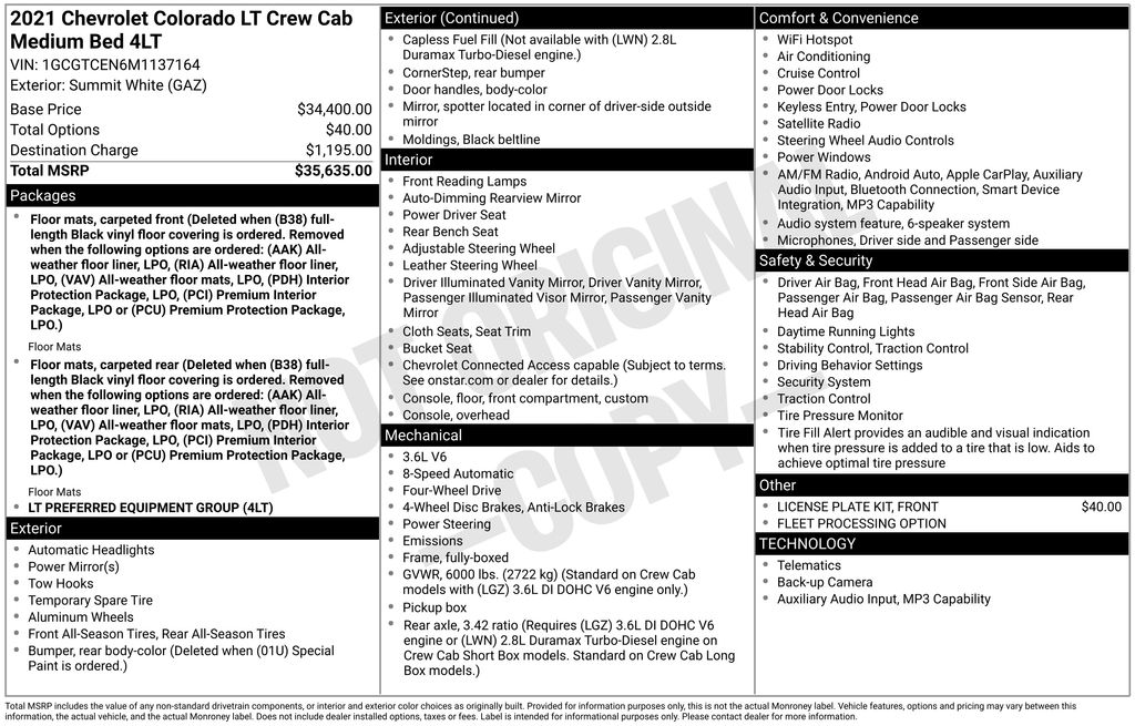 Summit White 2021 Chevrolet Colorado Pickup Truck Four-Wheel Drive 8-Speed Automatic