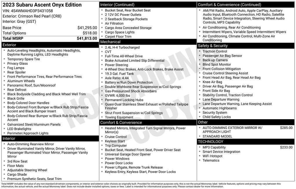 Used Car 2023 Subaru Ascent  Onyx Edition For Sale Under $35,000 In Austin, Texas