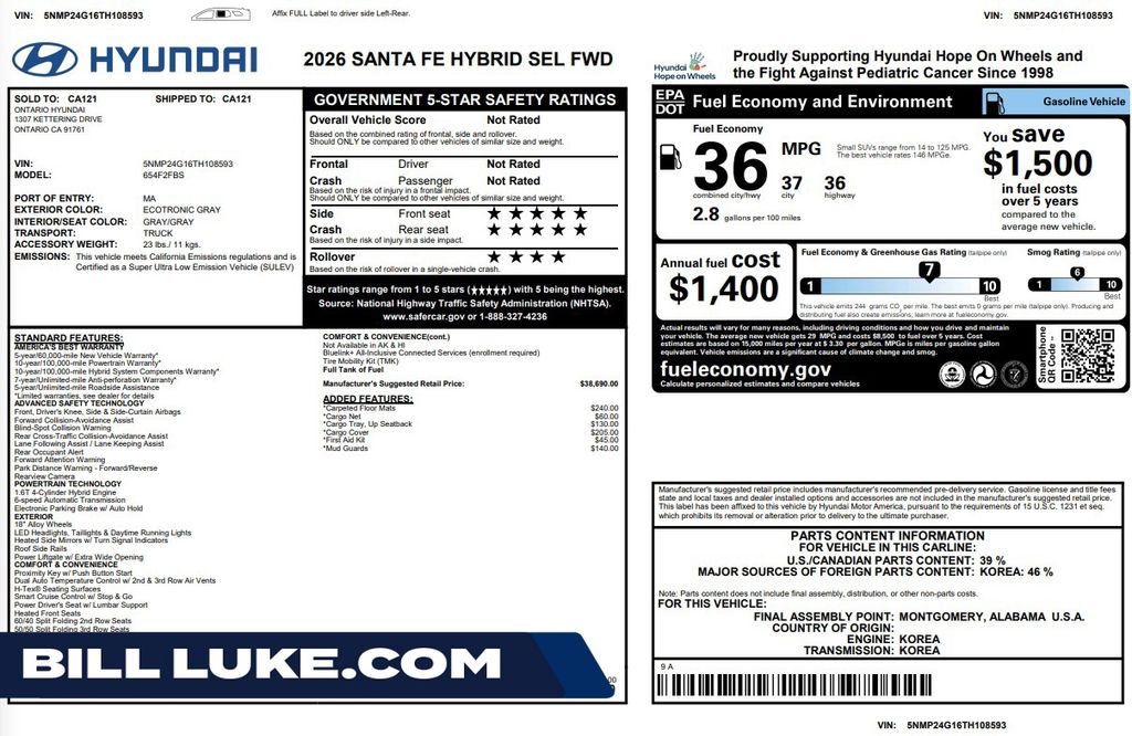 Ecotronic Gray 2026 Hyundai Santa Fe Hybrid SUV / Crossover Front-Wheel Drive 6-Speed Automatic