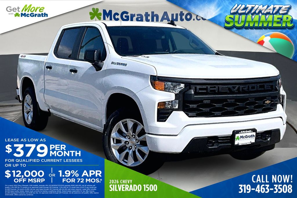 Summit White 2026 Chevrolet Silverado 1500 Custom Crew Cab 4WD Pickup Truck Four-Wheel Drive 8-Speed Automatic