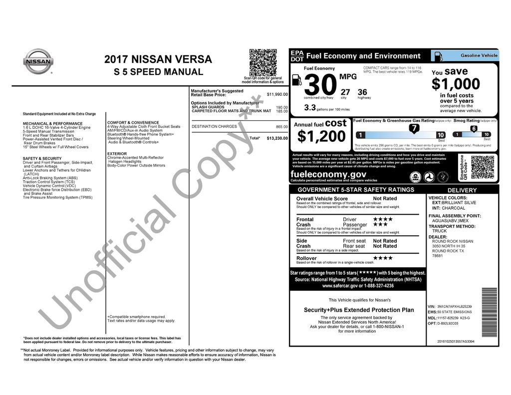 Used Car 2017 Nissan Versa  1.6 S For Sale Under $10,000 In Austin, Texas