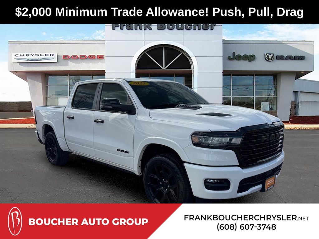 Bright White Clearcoat 2025 RAM 1500 Laramie Crew Cab 4WD Pickup Truck Four-Wheel Drive 8-Speed Automatic