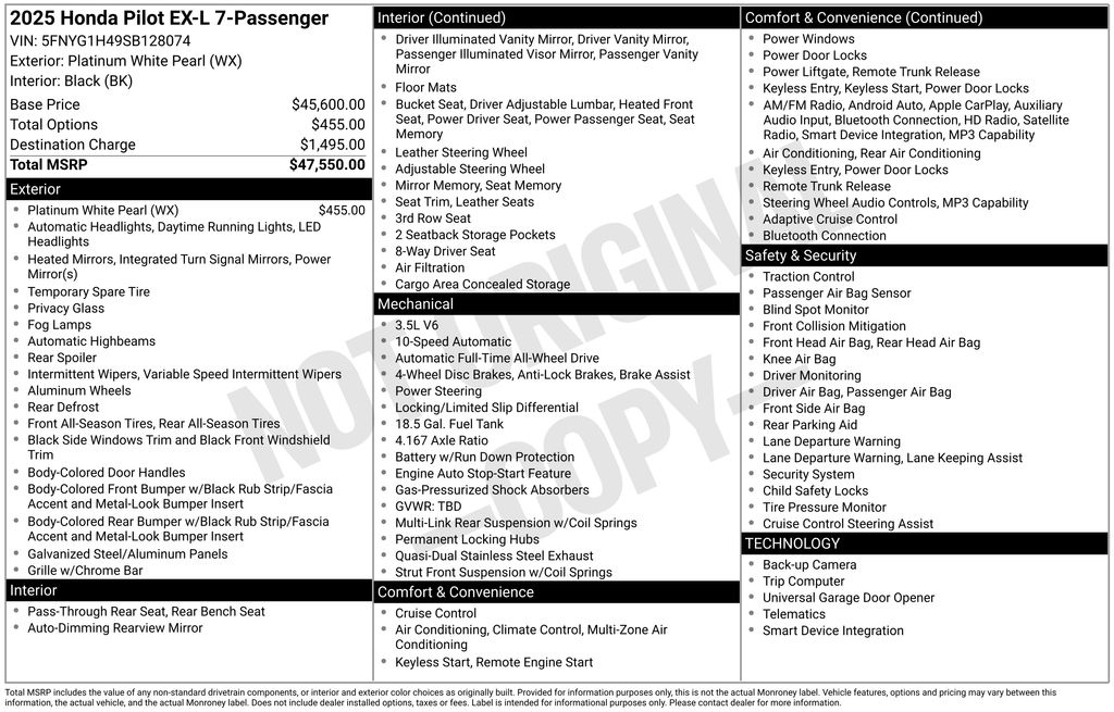 Platinum White Pearl 2025 Honda Pilot SUV / Crossover All-Wheel Drive Automatic