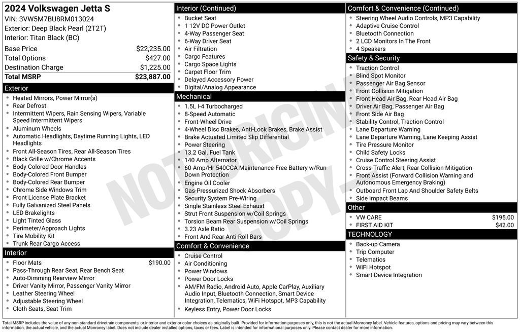 Deep Black 2024 Volkswagen Jetta S FWD Sedan Front-Wheel Drive 8-Speed Automatic