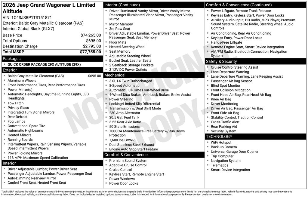 new 2026 Jeep Grand Wagoneer L car, priced at $69,124