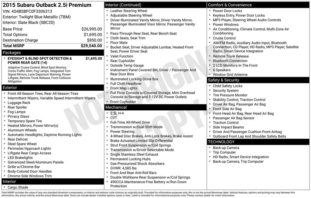 Used Car 2015 Subaru Outback  2.5i Premium For Sale Under $12,000 In Austin, Texas