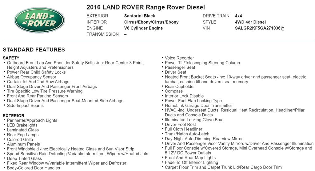 2016 Land Rover Range Rover 3.0L V6 Turbocharged Diesel Td6 30