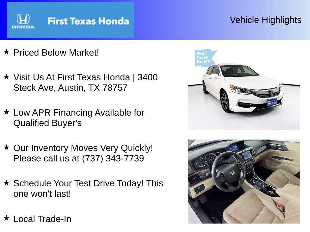 Used Car 2016 Honda Accord  Ex-l For Sale Under $20,000 In Austin, Texas