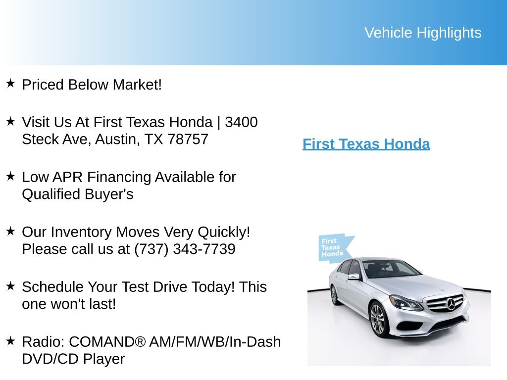 Used Car 2016 Mercedes-benz E-class  E 350 For Sale Under $15,000 In Austin, Texas