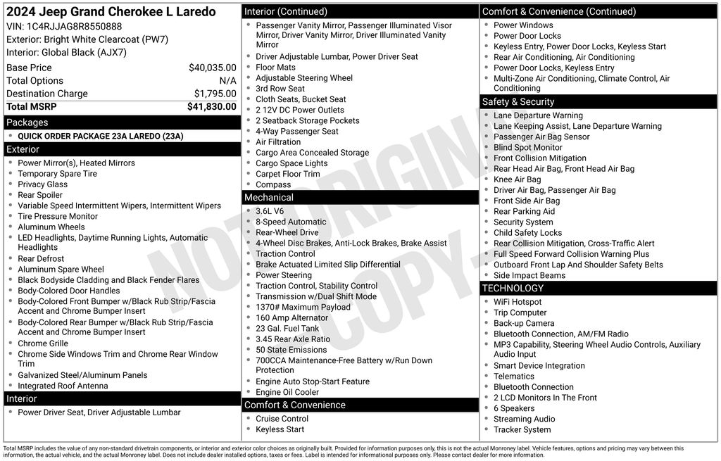 2024 Bright White Clearcoat Jeep Grand Cherokee L Laredo RWD SUV