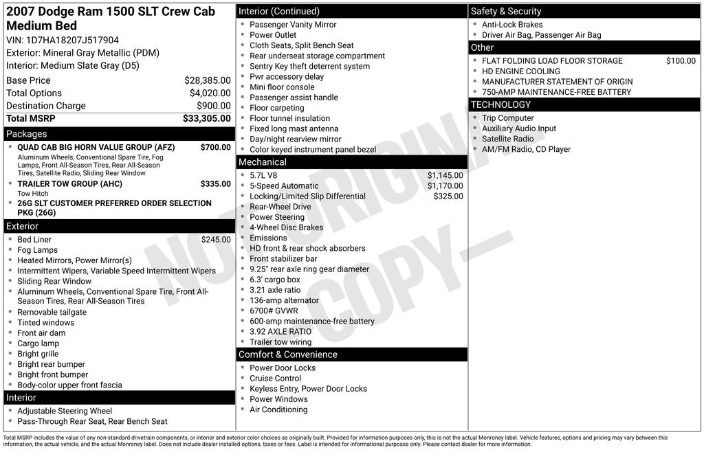 Mineral Gray Metallic 2007 Dodge RAM 1500 SLT Quad Cab RWD Pickup Truck Rear-Wheel Drive 5-Speed Automatic
