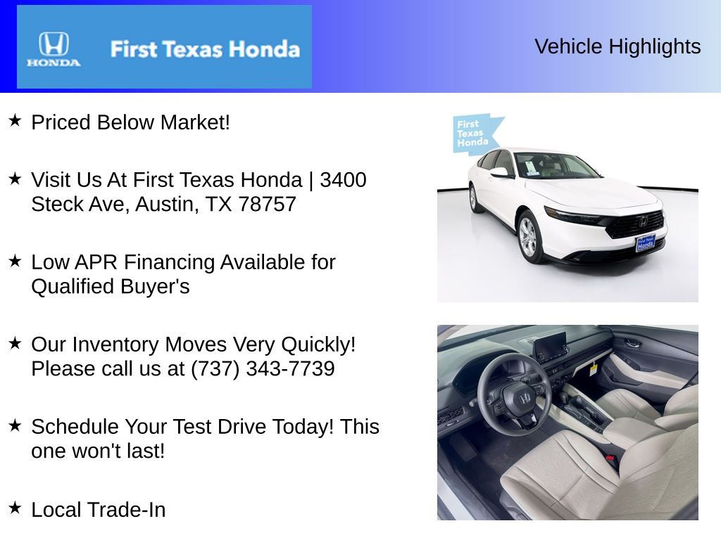 New Car 2025 Honda Accord  Lx For Sale Under $30,000 In Austin, Texas