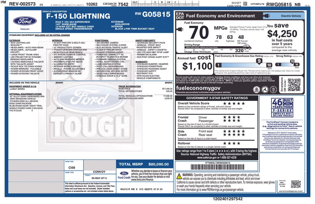 Certified 2024 Ford F-150 Lightning Lariat with VIN 1FT6W5L7XRWG05815 for sale in New Smyrna Beach, FL