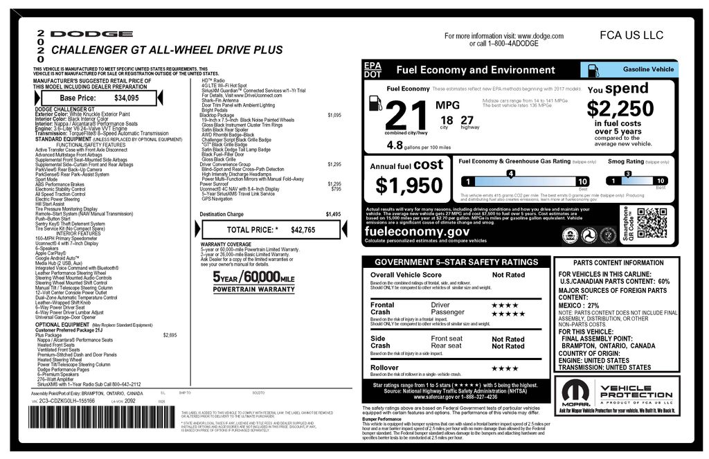 White Knuckle Clearcoat 2020 Dodge Challenger GT AWD Coupe All-Wheel Drive 8-Speed Automatic