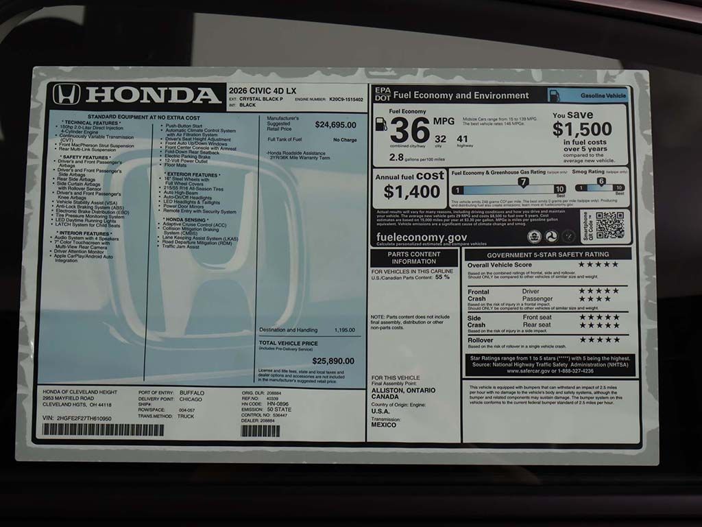 New 2026 Black Honda LX image 24