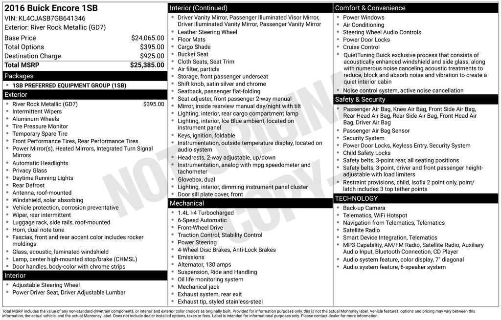 River Rock Metallic 2016 Buick Encore FWD SUV / Crossover Front-Wheel Drive 6-Speed Automatic Overdrive