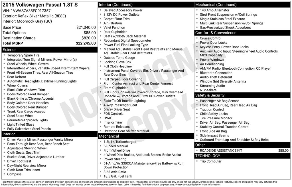 Used Car 2015 Volkswagen Passat  1.8t S For Sale Under $10,000 In Austin, Texas