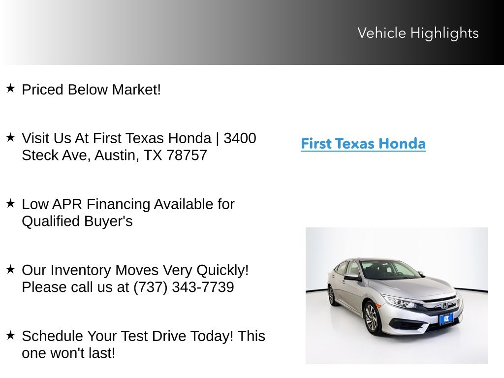 Used Car 2016 Honda Civic  Ex For Sale Under $20,000 In Austin, Texas