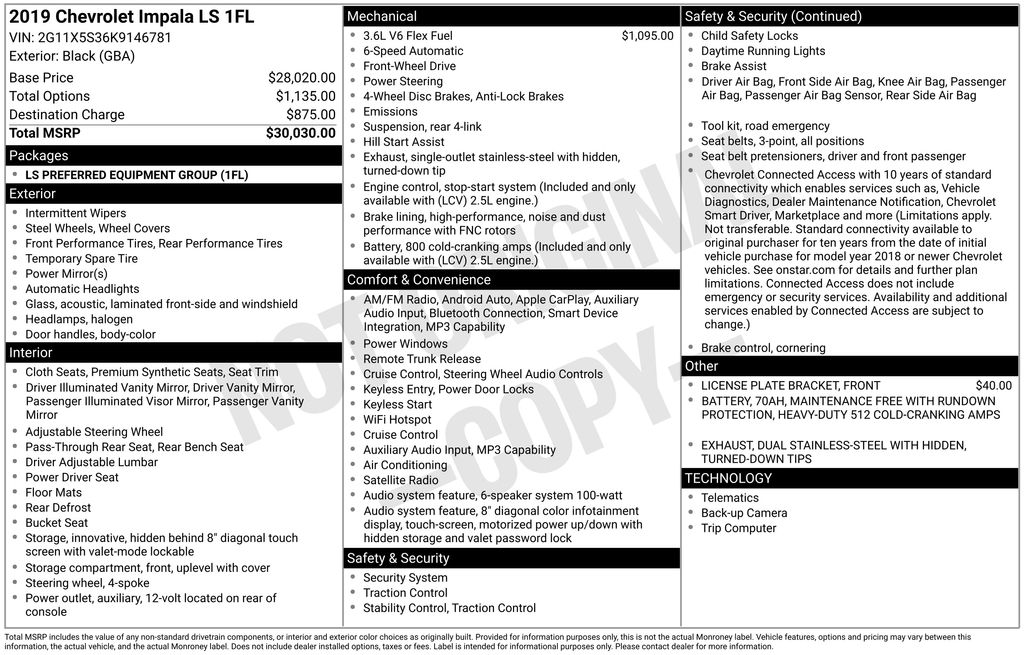 Black 2019 Chevrolet Impala LS Fleet FWD Sedan Front-Wheel Drive 6-Speed Automatic Overdrive