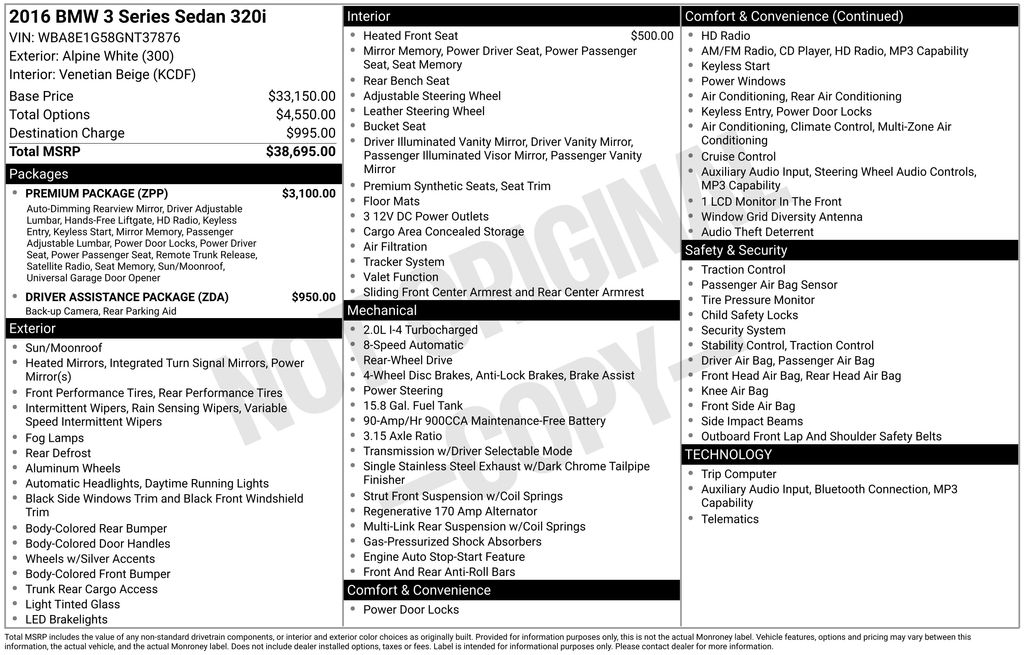 2016 BMW 3 Series 320i Sedan RWD Blanco (White Metallic) Sedán Tracción trasera 8 velocidades Automática