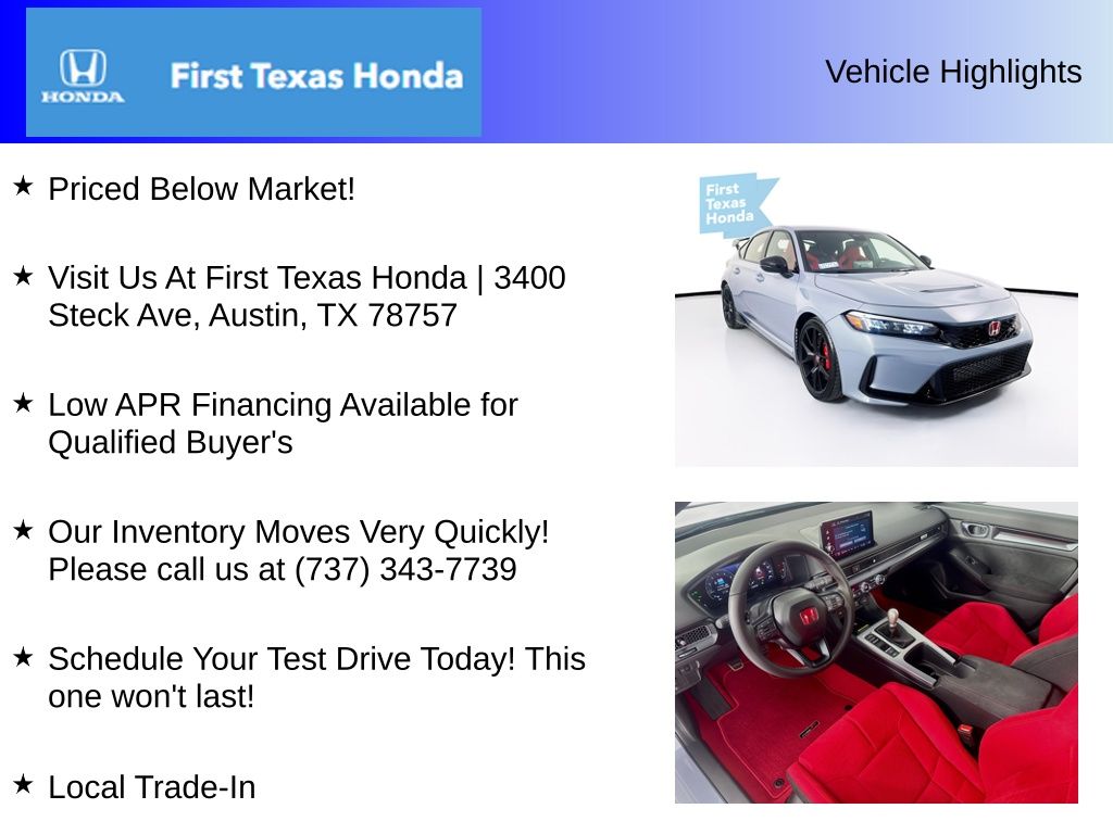 New Car 2025 Honda Civic Type R  Base For Sale Under $60,000 In Austin, Texas