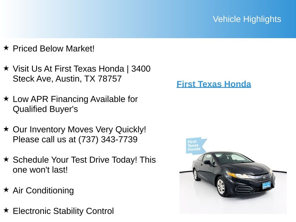 Used Car 2014 Honda Civic  Lx For Sale Under $12,000 In Austin, Texas