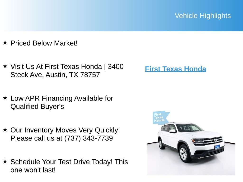 Used Car 2018 Volkswagen Atlas  S For Sale Under $15,000 In Austin, Texas