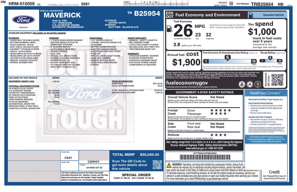 2026 Oxford White Ford Maverick XL FWD Truck