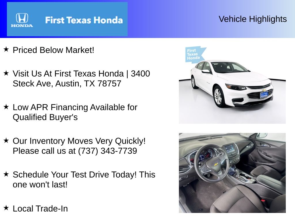 Used Car 2018 Chevrolet Malibu  Lt For Sale Under $12,000 In Austin, Texas