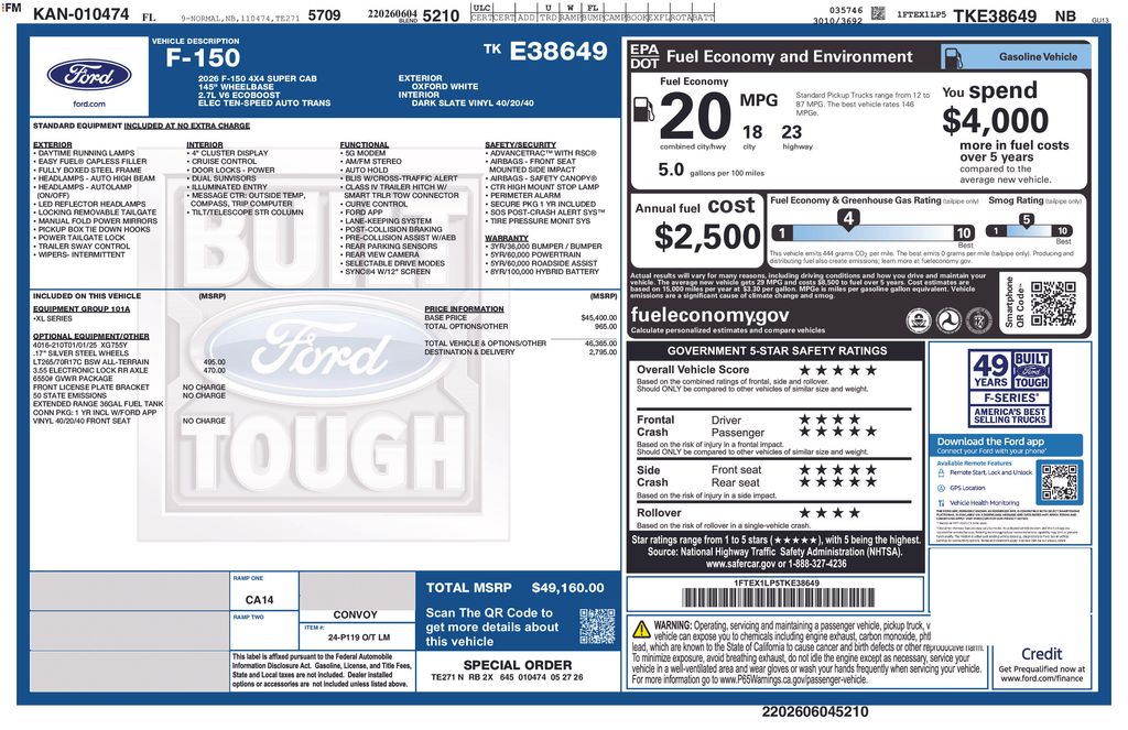 2026 Oxford White Ford F-150 XL 4X4 Truck